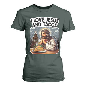 Funny Jesus Christian Christmas T Shirt For Women I Love Jesus And Tacos TS14 Dark Forest Green Print Your Wear