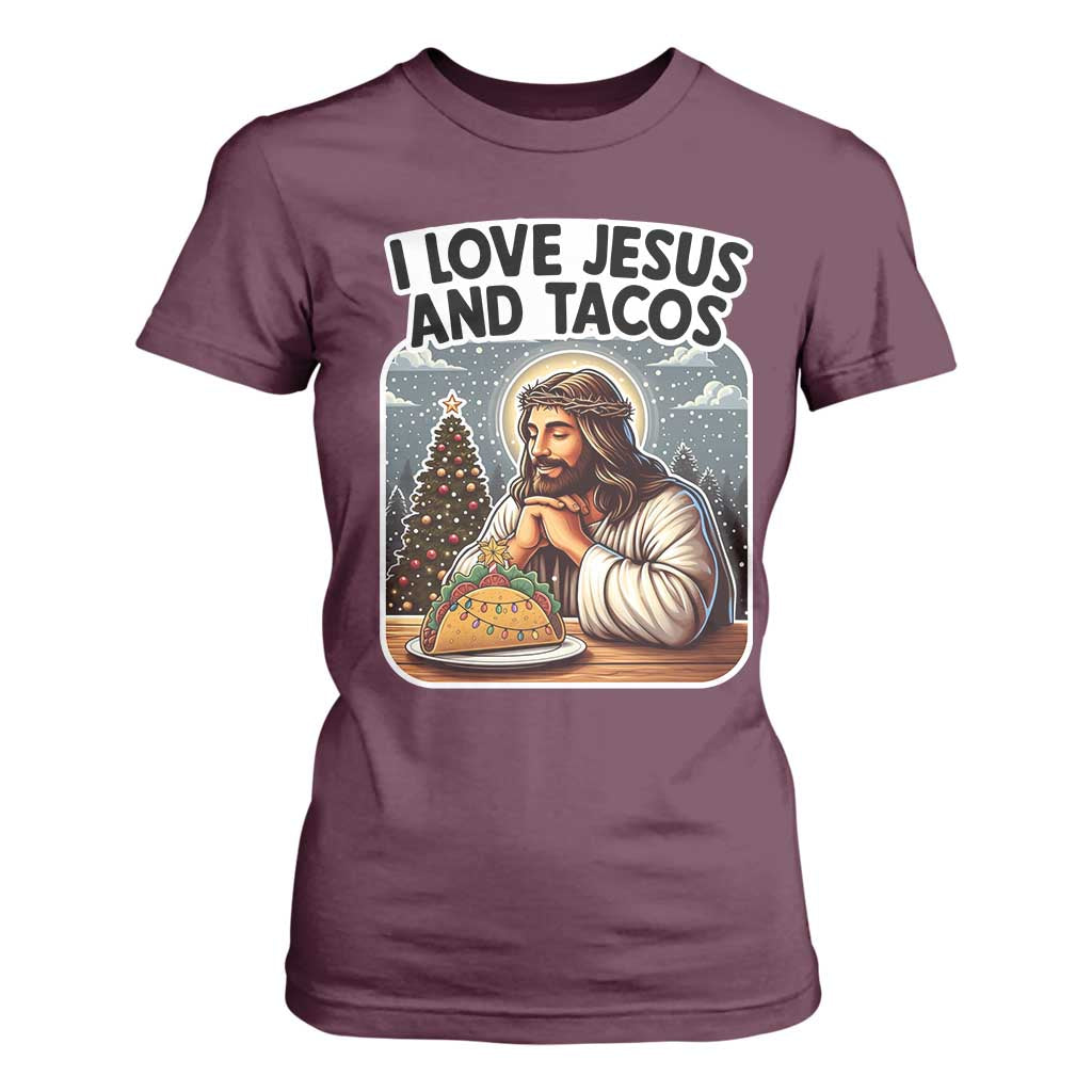 Funny Jesus Christian Christmas T Shirt For Women I Love Jesus And Tacos TS14 Maroon Print Your Wear