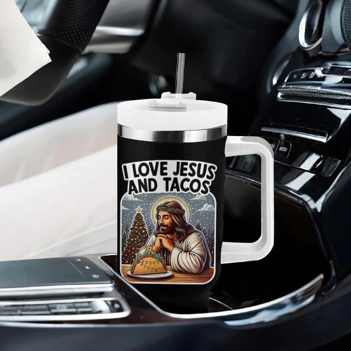 Funny Jesus Christian Christmas Tumbler With Handle I Love Jesus And Tacos TS14 Print Your Wear