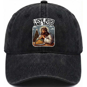 Funny Jesus Christian Christmas Washed Cotton Baseball Cap I Love Jesus And Tacos TS14 Washed Cap Universal Fit Black Print Your Wear
