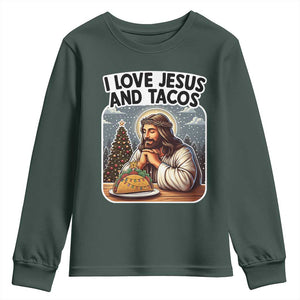 Funny Jesus Christian Christmas Youth Sweatshirt I Love Jesus And Tacos TS14 Dark Forest Green Print Your Wear