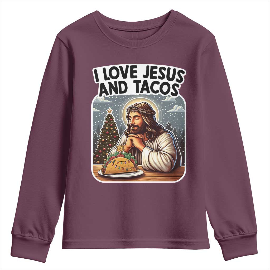 Funny Jesus Christian Christmas Youth Sweatshirt I Love Jesus And Tacos TS14 Maroon Print Your Wear