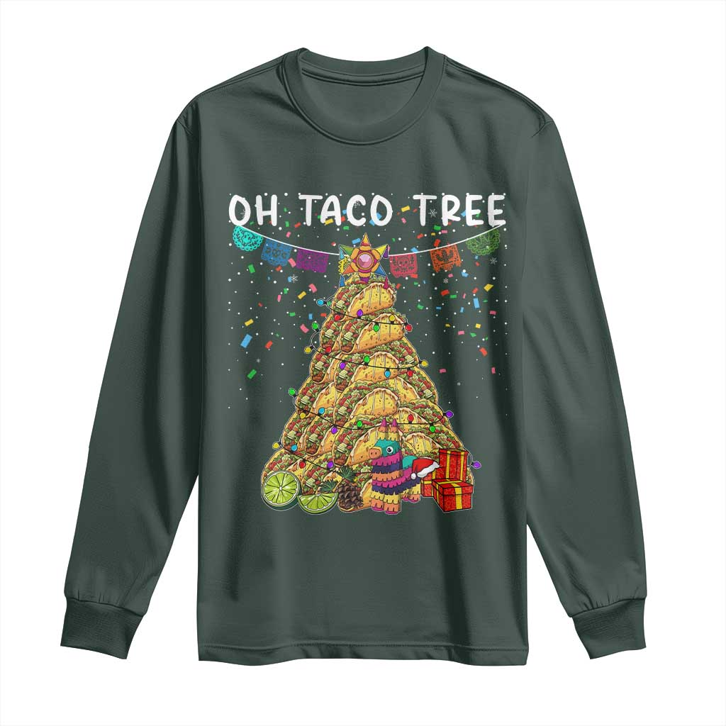 Taco Christmas Tree Long Sleeve Shirt Funny Xmas Foodie Mexican TS14 Dark Forest Green Print Your Wear