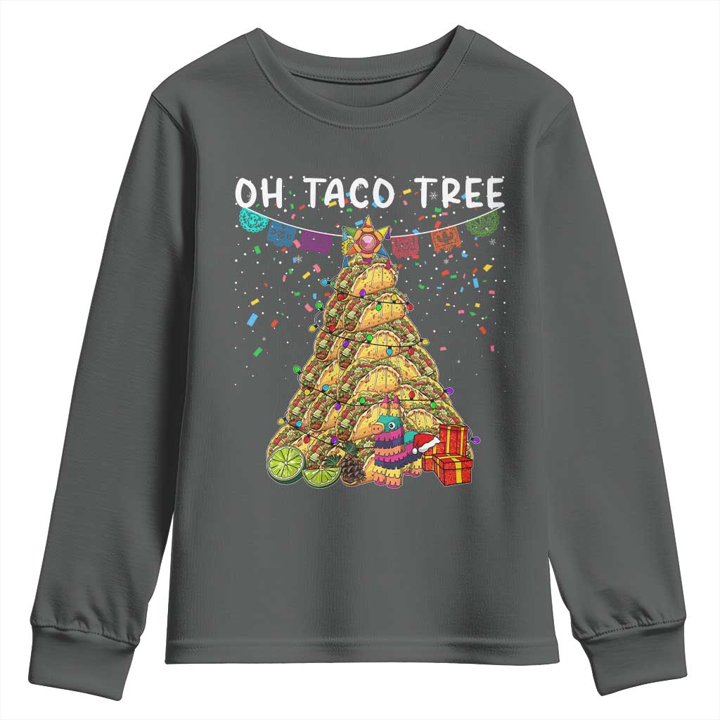 Taco Christmas Tree Youth Sweatshirt Funny Xmas Foodie Mexican TS14 Dark Heather Print Your Wear