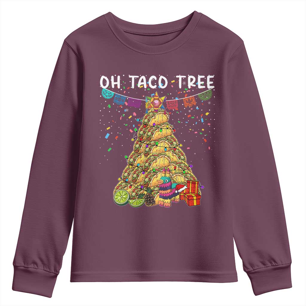 Taco Christmas Tree Youth Sweatshirt Funny Xmas Foodie Mexican TS14 Maroon Print Your Wear