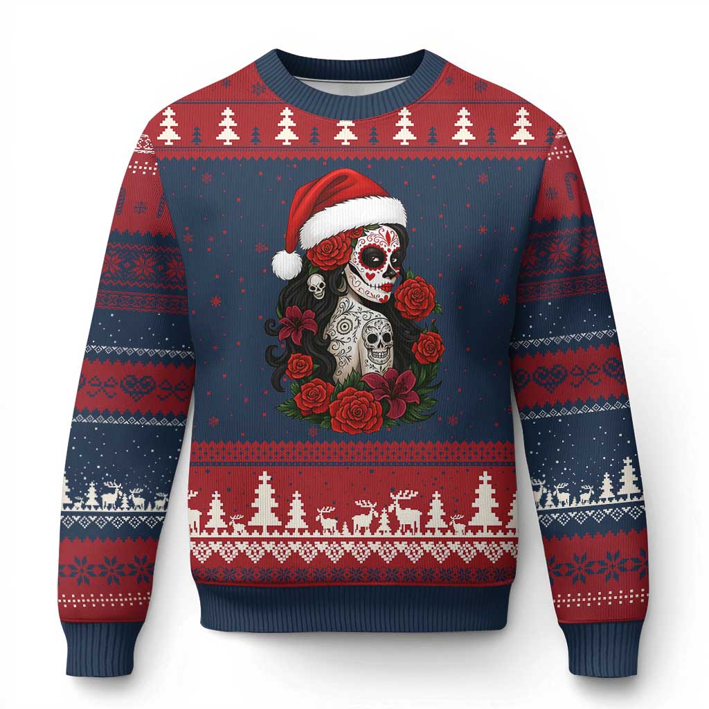 Dia De Los Muertos Mexican Xmas Ugly Christmas Sweater Day of the Dead Sugar Skull Women TS14 Navy Red Print Your Wear