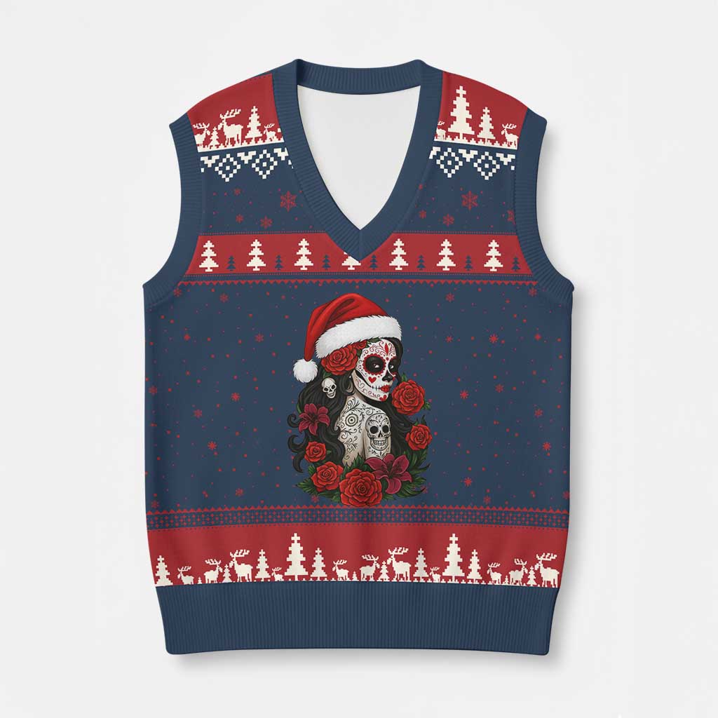 Dia De Los Muertos Mexican Xmas V-Neck Knit Sweater Vest Day of the Dead Sugar Skull Women TS14 Navy Red Print Your Wear