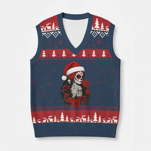 Dia De Los Muertos Mexican Xmas V-Neck Knit Sweater Vest Day of the Dead Sugar Skull Women TS14 Navy Red Print Your Wear