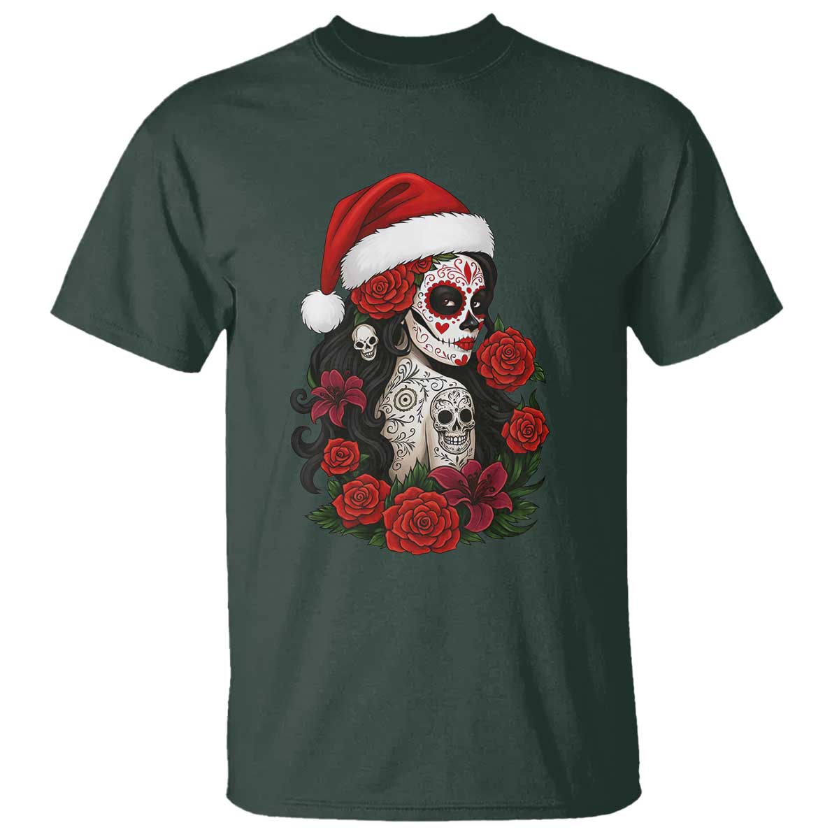 Dia De Los Muertos Mexican Christmas T Shirt Day of the Dead Sugar Skull Women TS14 Dark Forest Green Print Your Wear