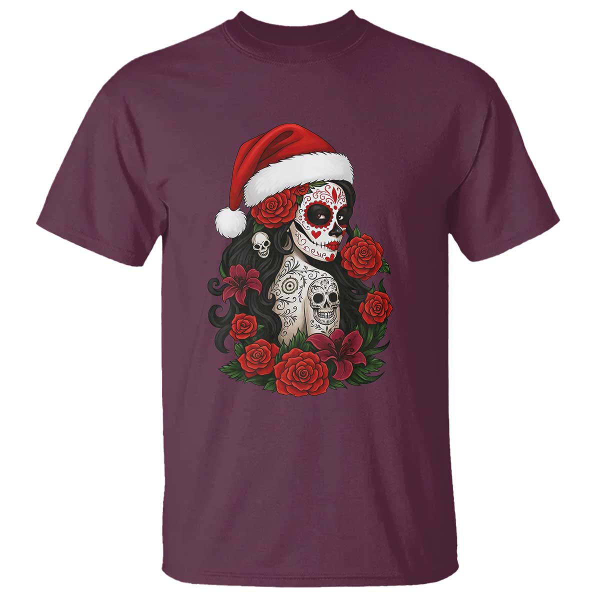 Dia De Los Muertos Mexican Christmas T Shirt Day of the Dead Sugar Skull Women TS14 Maroon Print Your Wear