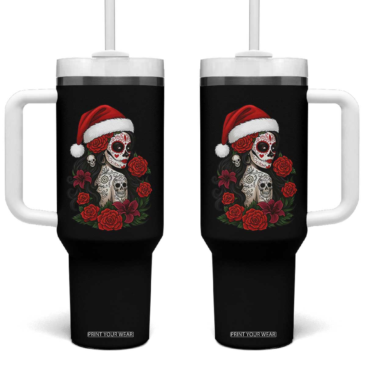 Dia De Los Muertos Mexican Christmas Tumbler With Handle Day of the Dead Sugar Skull Women TS14 One Size: 40 oz Black Print Your Wear