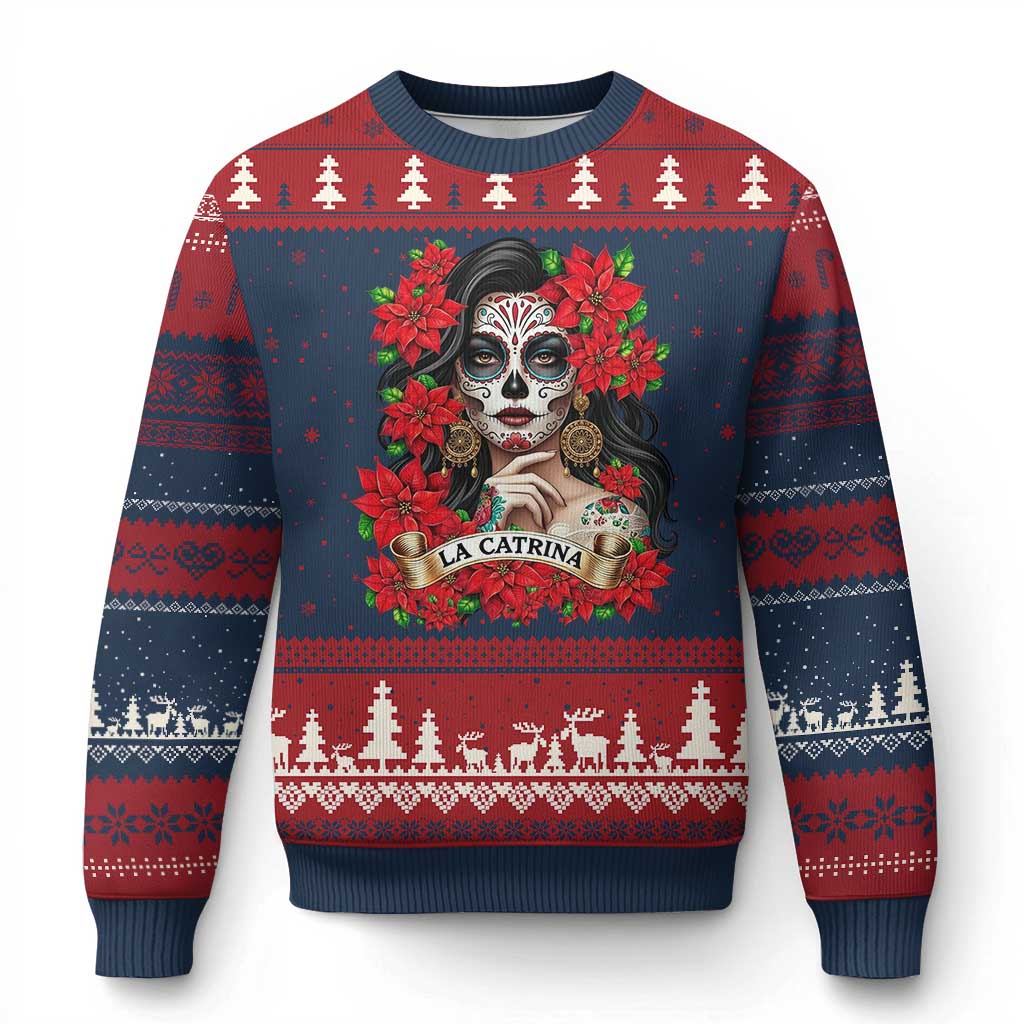 Dia De Los Muertos Mexican Ugly Christmas Sweater Day of the Dead Sugar Skull Women TS14 Navy Red Print Your Wear