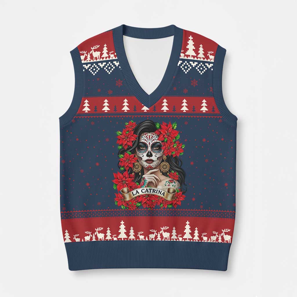Dia De Los Muertos Mexican V-Neck Knit Sweater Vest Day of the Dead Sugar Skull Women TS14 Navy Red Print Your Wear
