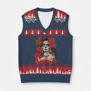 Dia De Los Muertos Mexican V-Neck Knit Sweater Vest Day of the Dead Sugar Skull Women TS14 Navy Red Print Your Wear