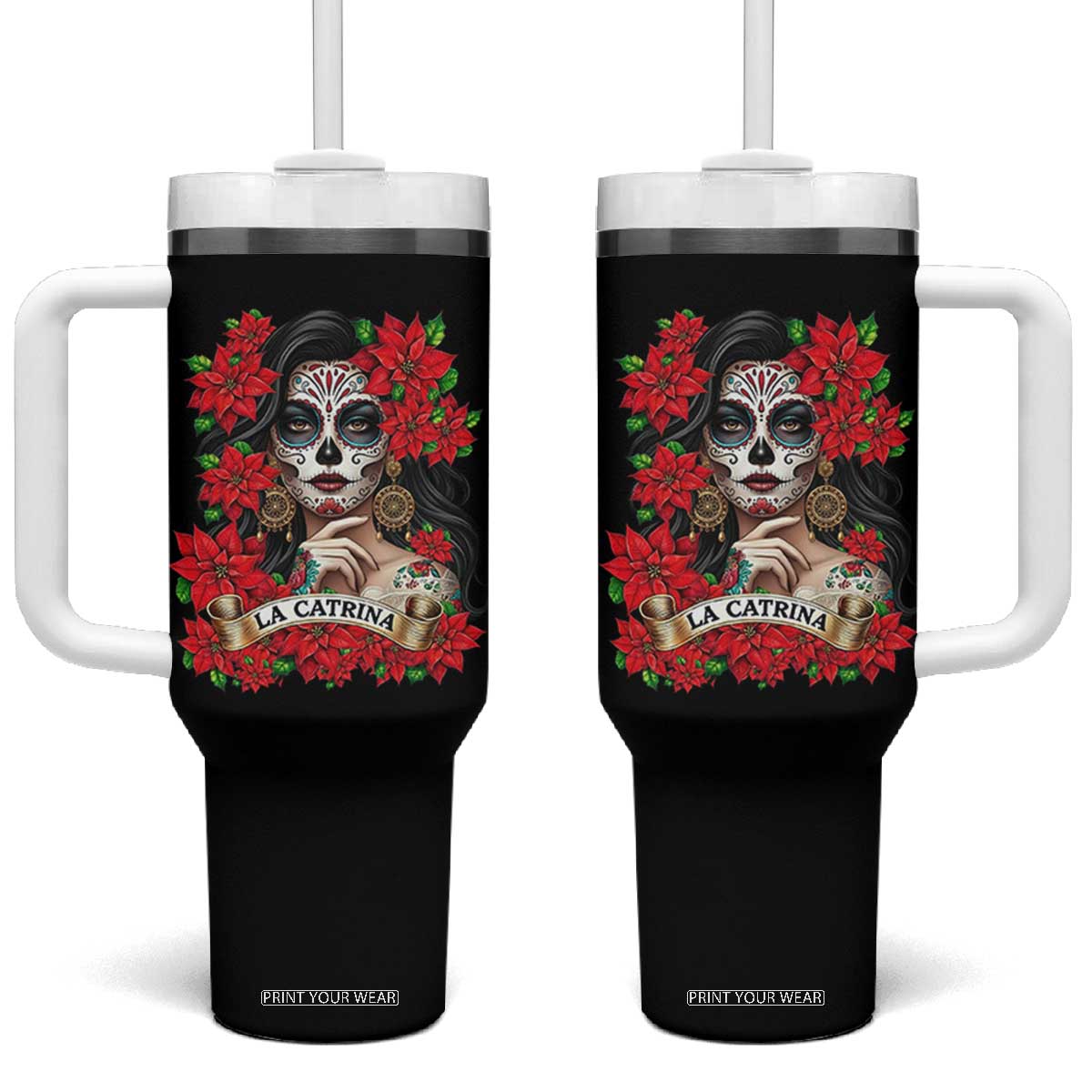 Dia De Los Muertos Mexican Tumbler With Handle Day of the Dead Sugar Skull Women TS14 One Size: 40 oz Black Print Your Wear