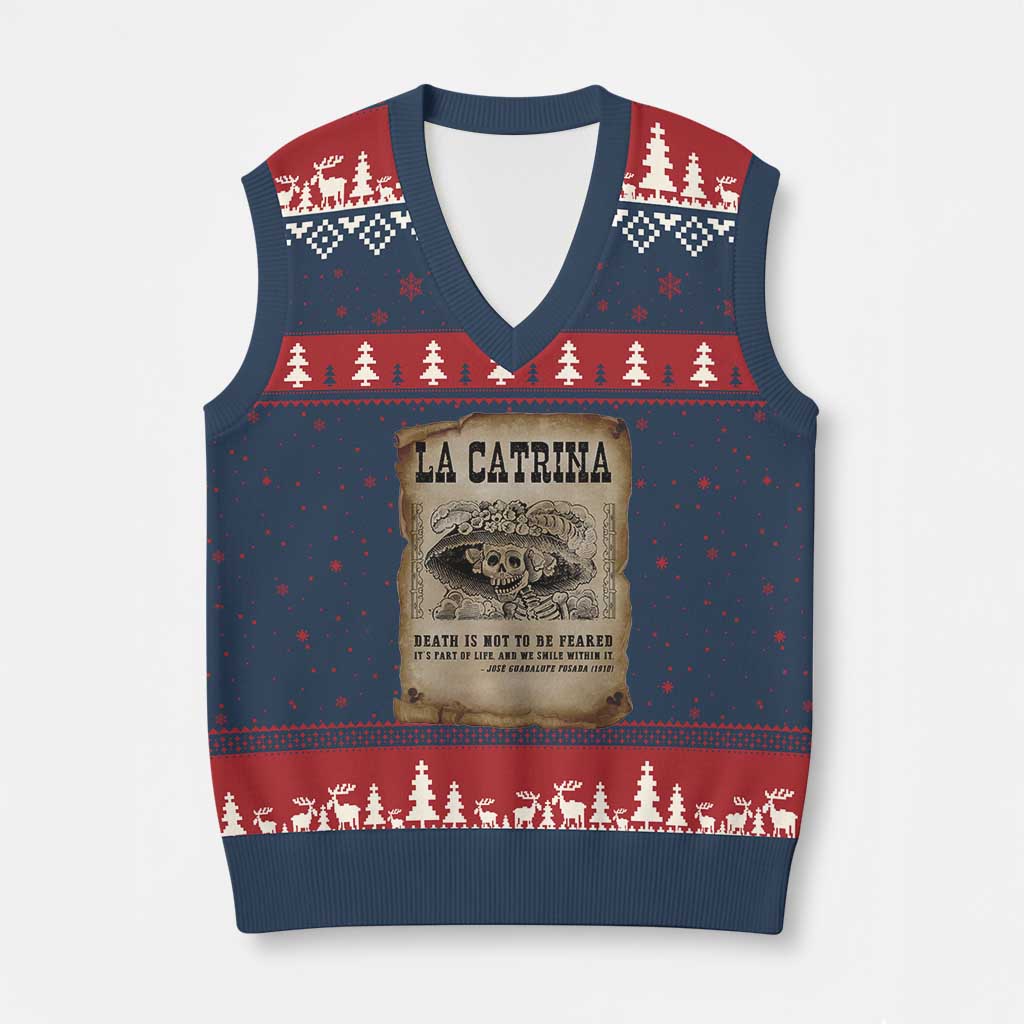 Day Of The Dead V-Neck Knit Sweater Vest La Calavera Garbancera TS14 Navy Red Print Your Wear