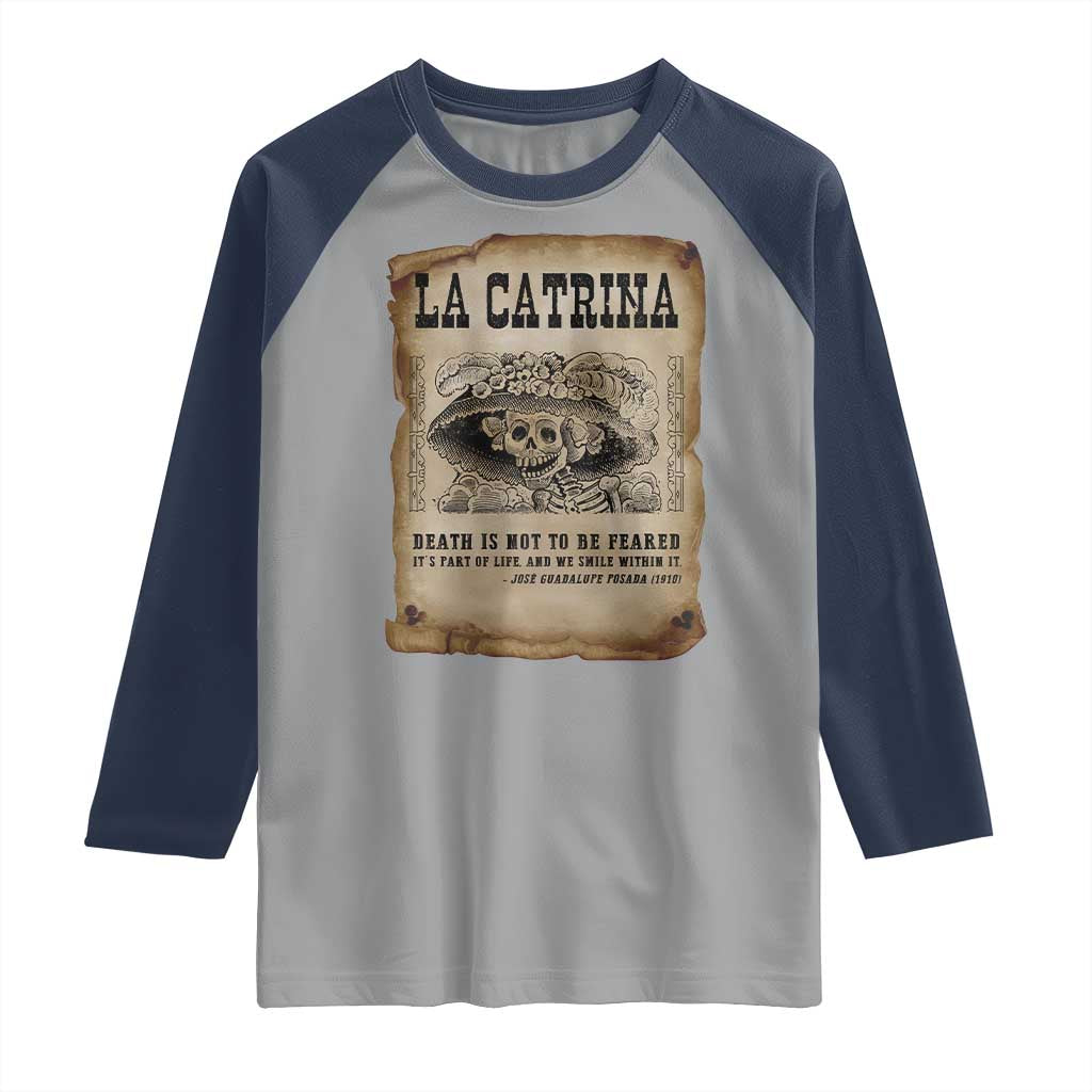 Day Of The Dead Raglan Shirt La Calavera Garbancera TS14 Sport Gray Navy Print Your Wear