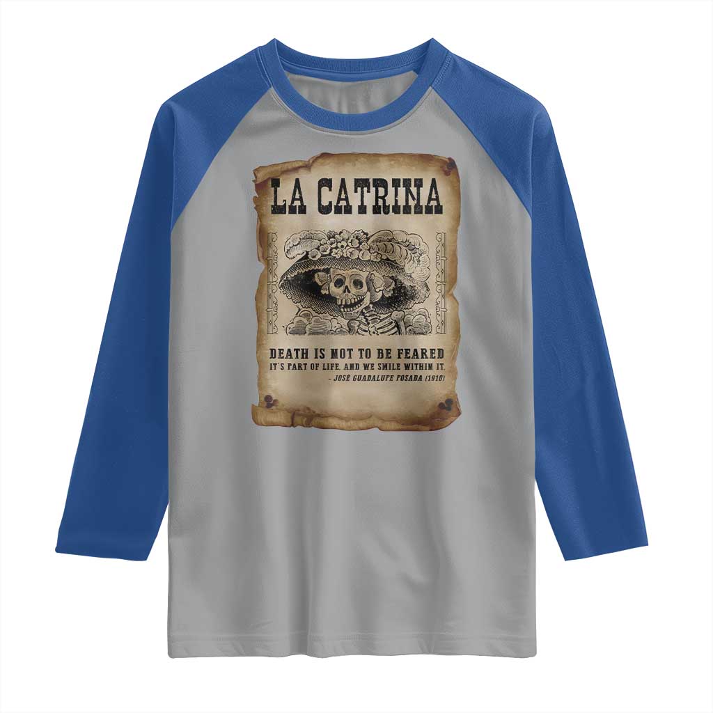 Day Of The Dead Raglan Shirt La Calavera Garbancera TS14 Sport Gray Royal Print Your Wear