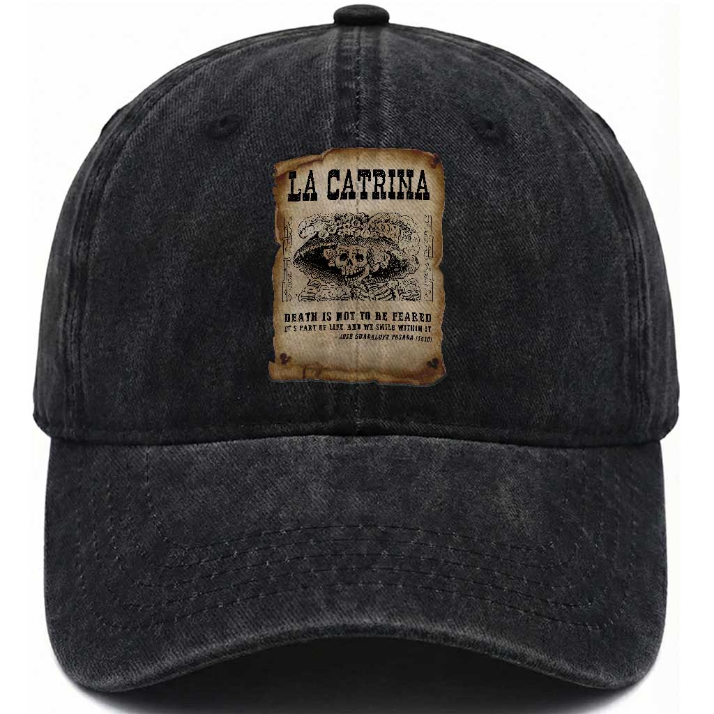 Day Of The Dead Washed Cotton Baseball Cap La Calavera Garbancera TS14 Washed Cap Universal Fit Black Print Your Wear