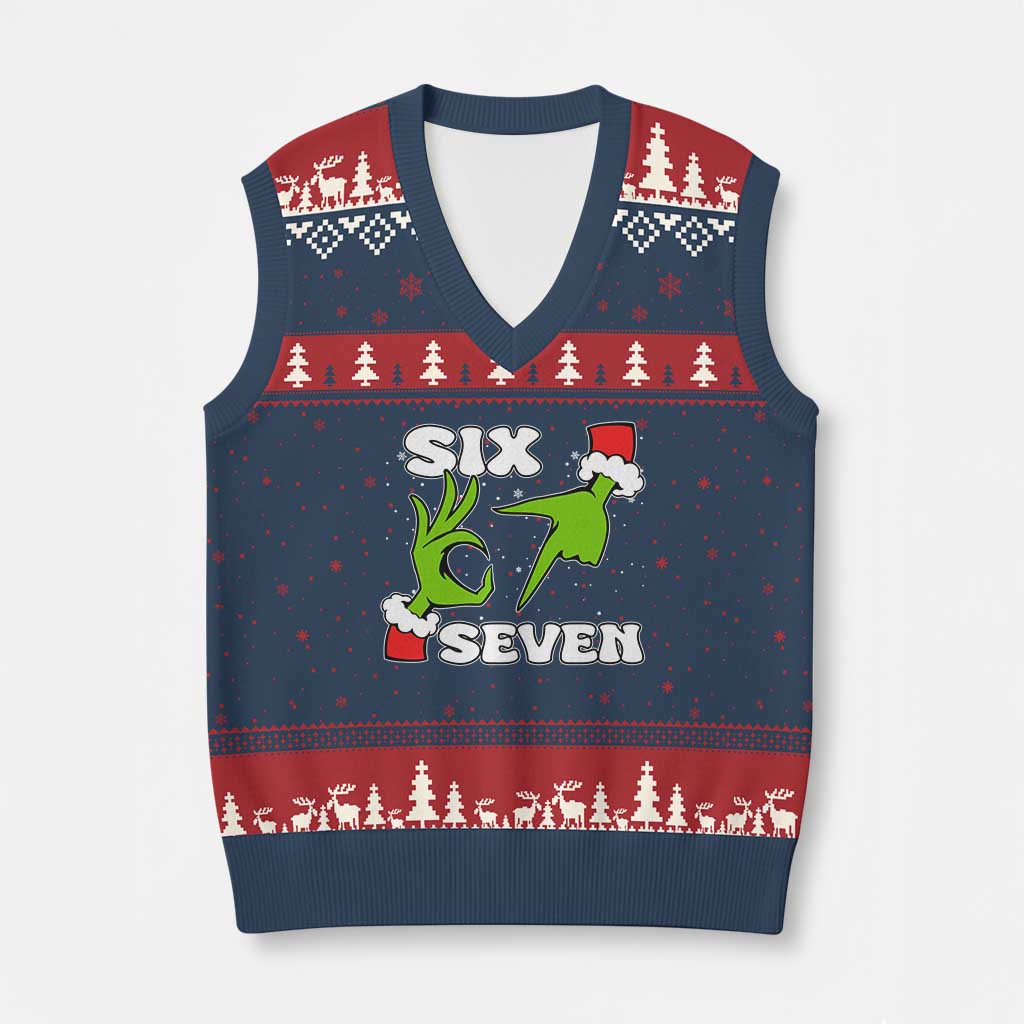 67 Six Seven Xmas Meme V-Neck Knit Sweater Vest Funny Elf Hands TS14 Navy Red Print Your Wear