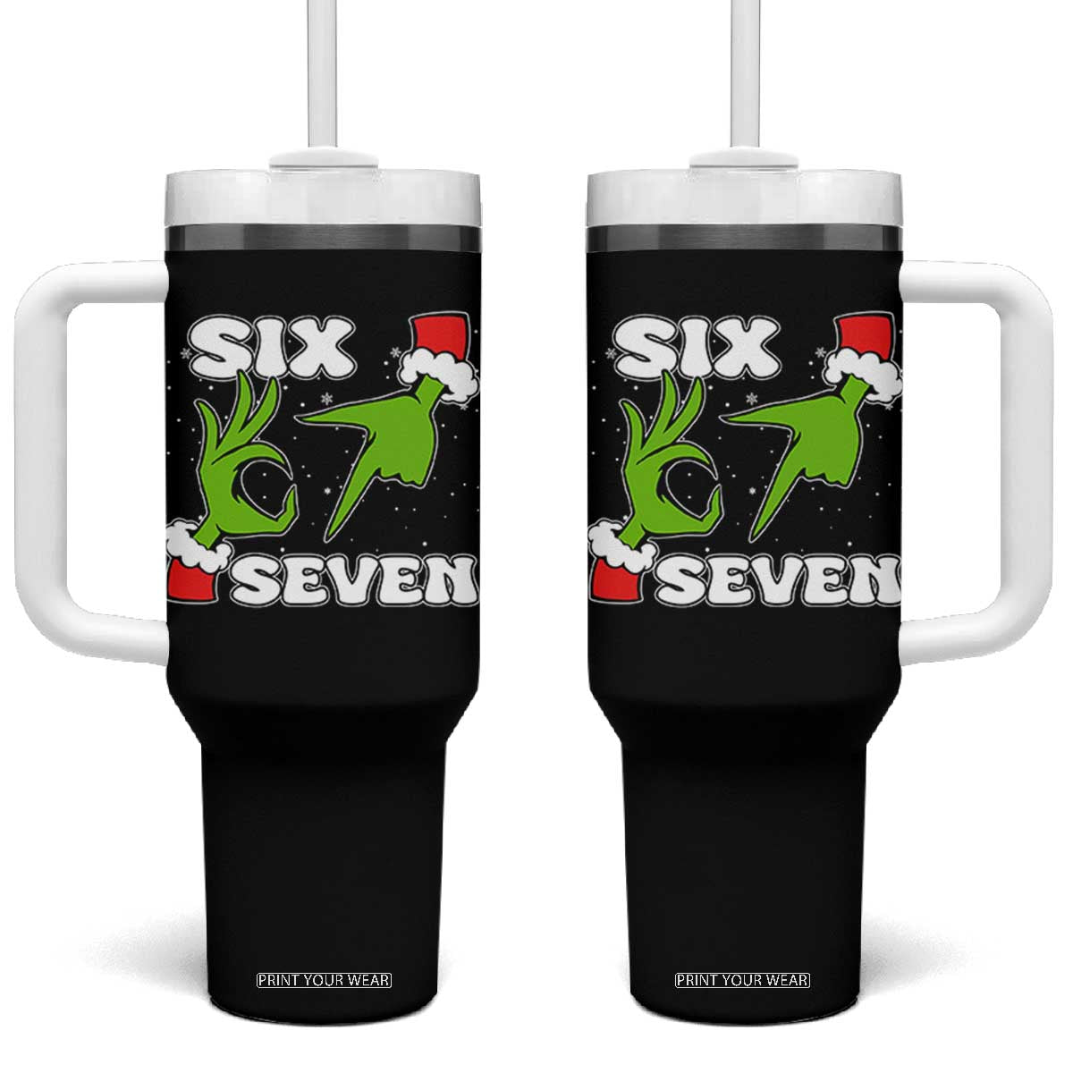 67 Six Seven Christmas Meme Tumbler With Handle Funny Elf Hands - Print Your Wear