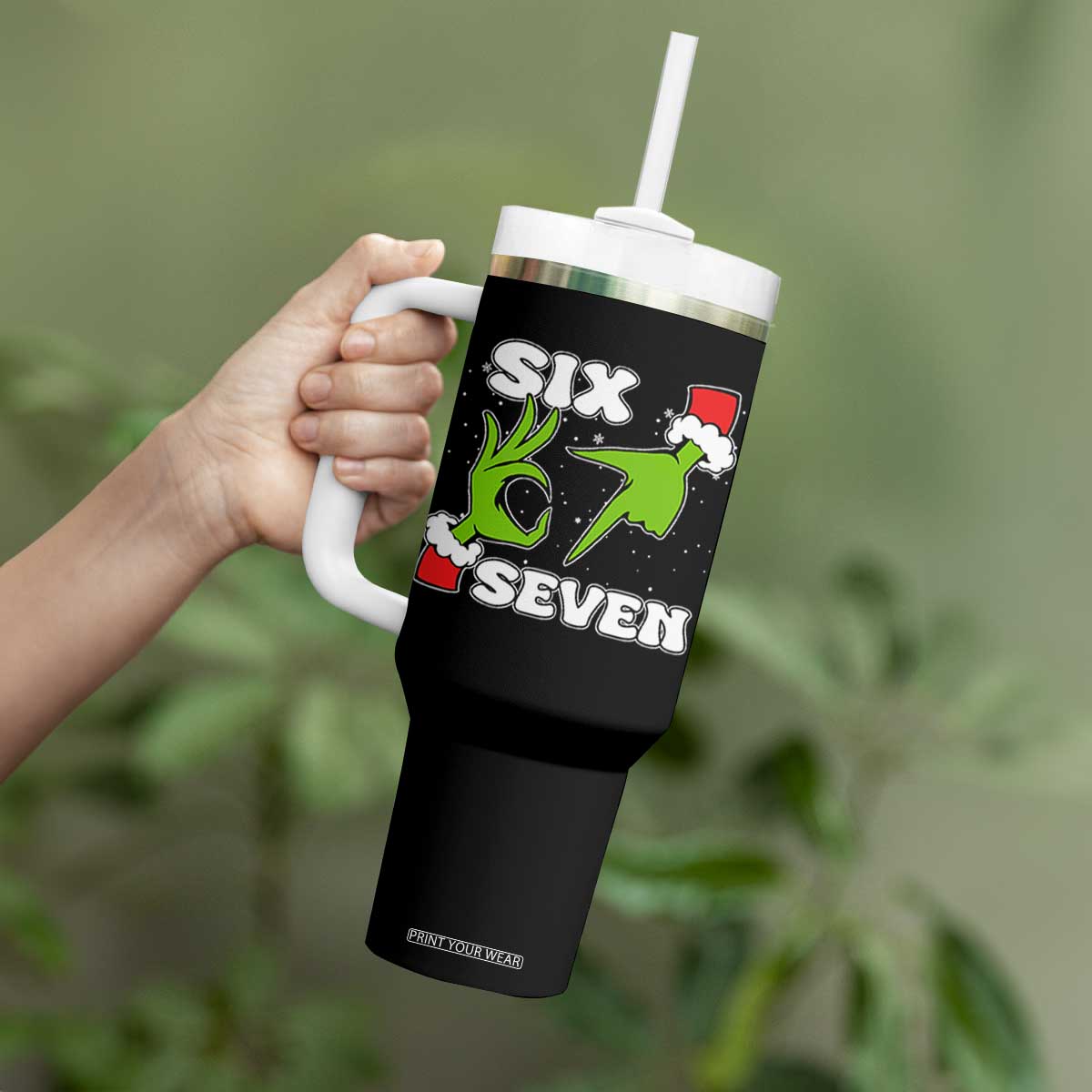 67 Six Seven Christmas Meme Tumbler With Handle Funny Elf Hands TS14 Print Your Wear