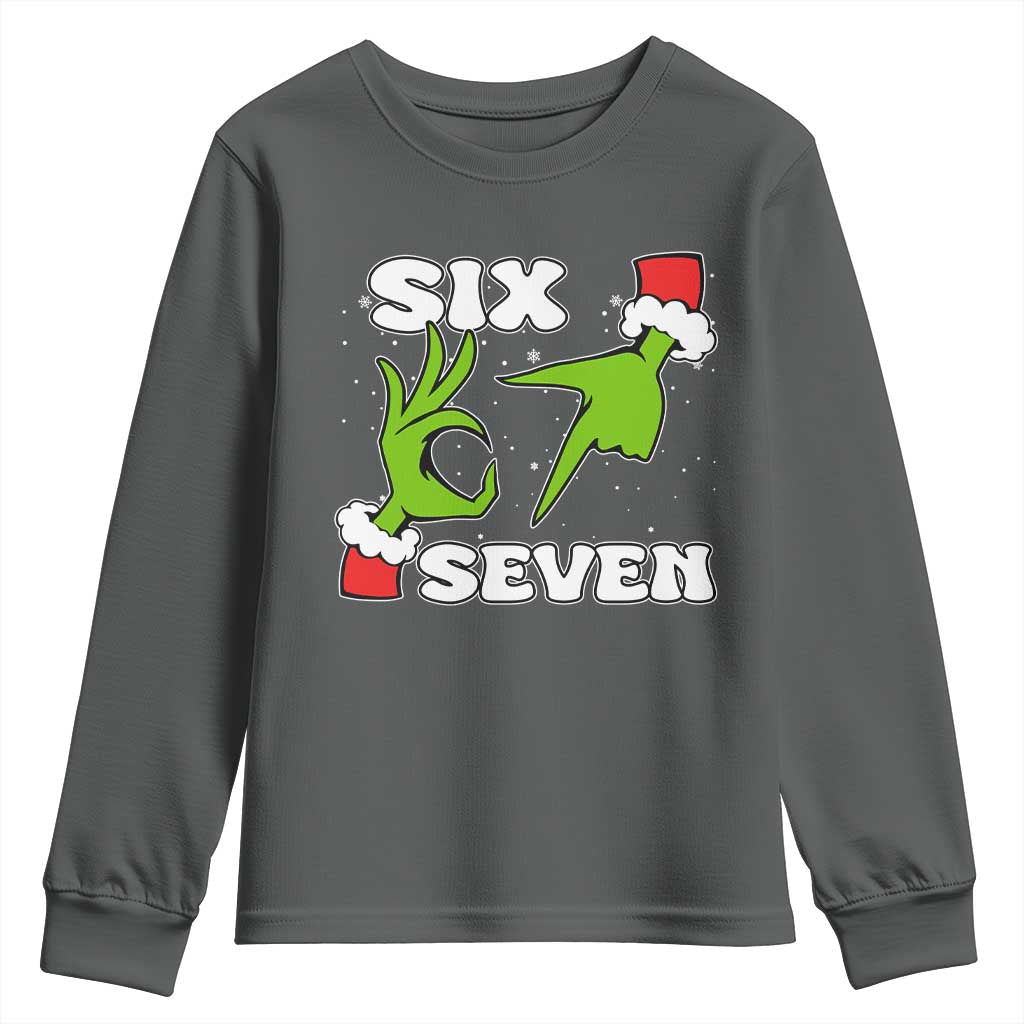 67 Six Seven Christmas Meme Youth Sweatshirt Funny Elf Hands TS14 Dark Heather Print Your Wear