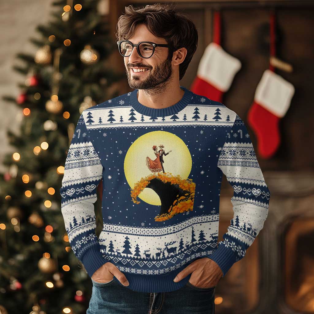 Dia De Los Muertos Ugly Christmas Sweater Skeletons Dancing Mexican TS14 Navy Beige Print Your Wear
