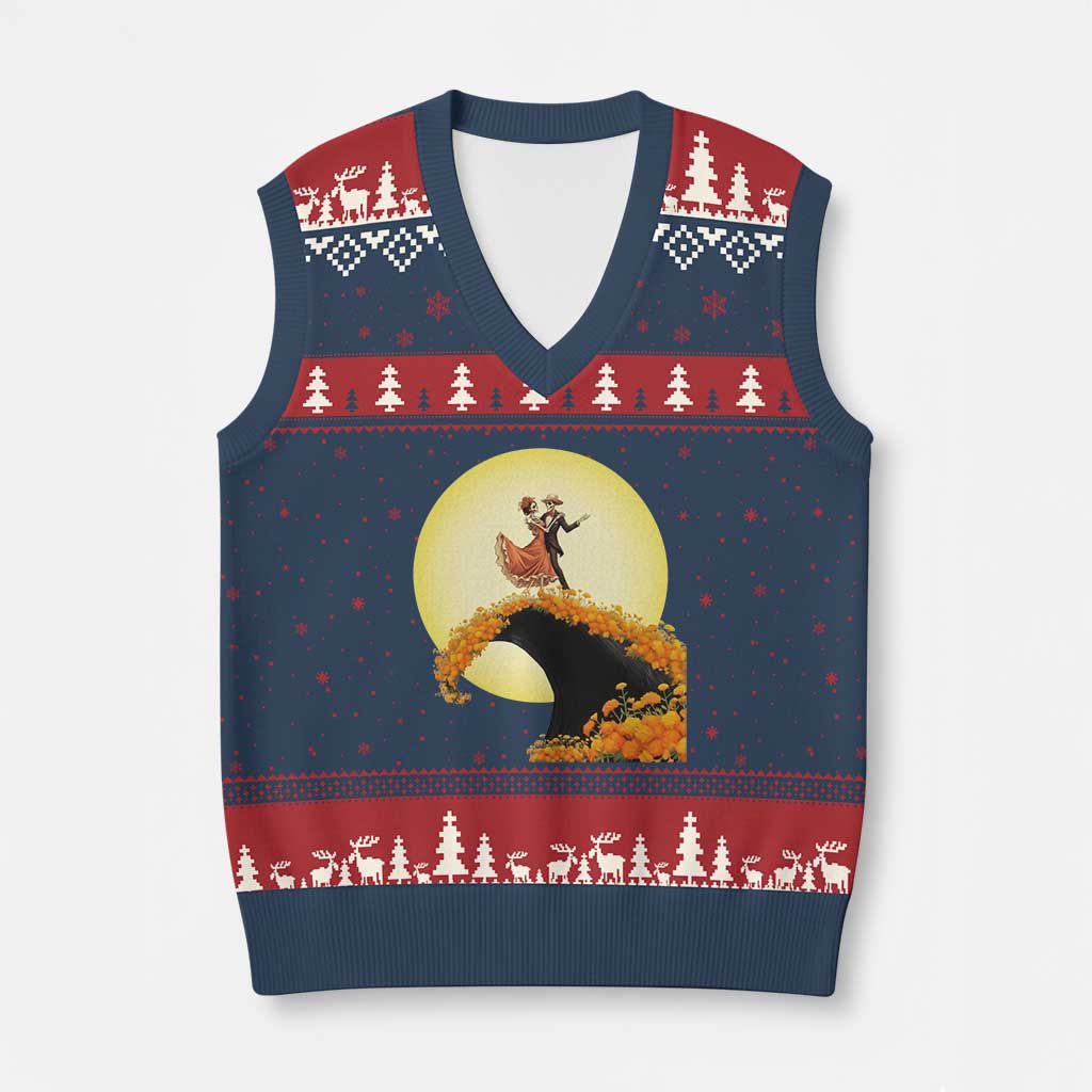 Dia De Los Muertos V-Neck Knit Sweater Vest Skeletons Dancing Mexican TS14 Navy Red Print Your Wear