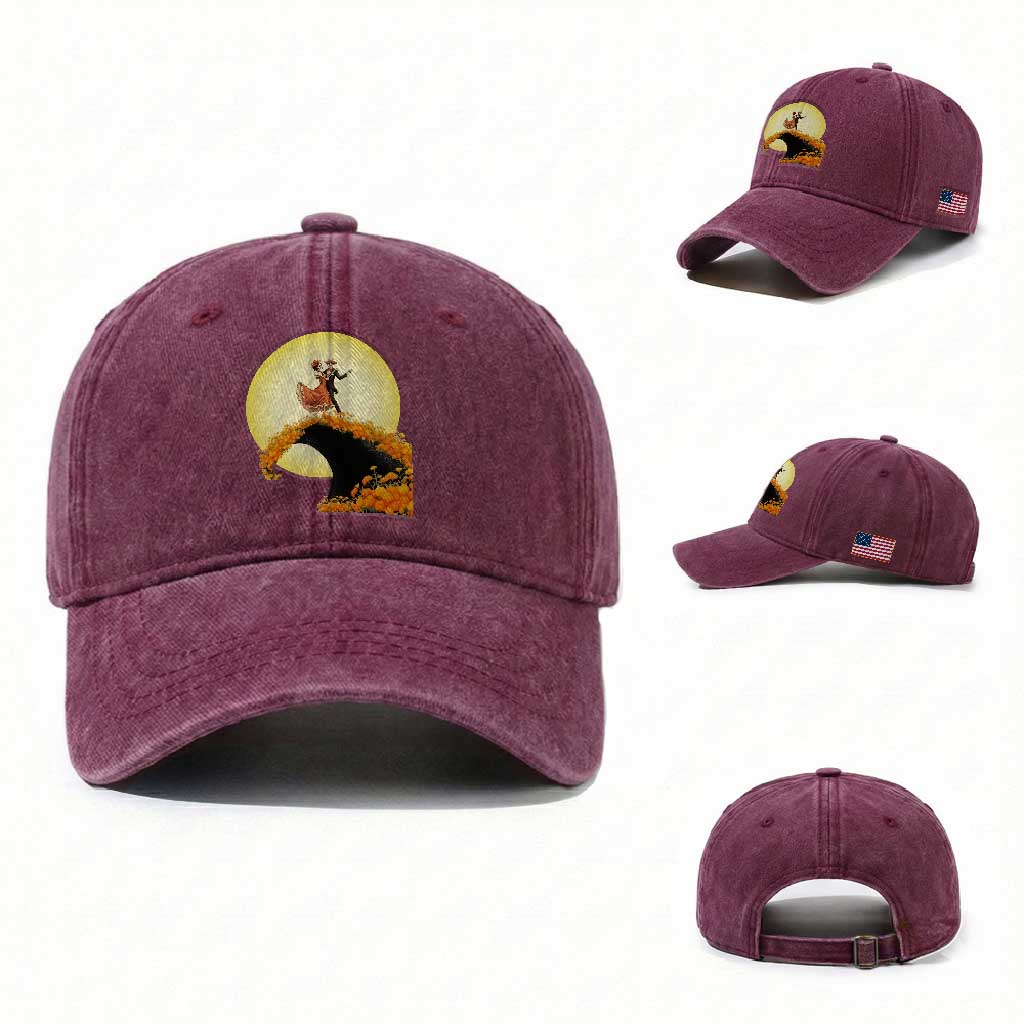 Dia De Los Muertos Washed Cotton Baseball Cap Skeletons Dancing Mexican TS14 Washed Cap Universal Fit Burgundy Print Your Wear