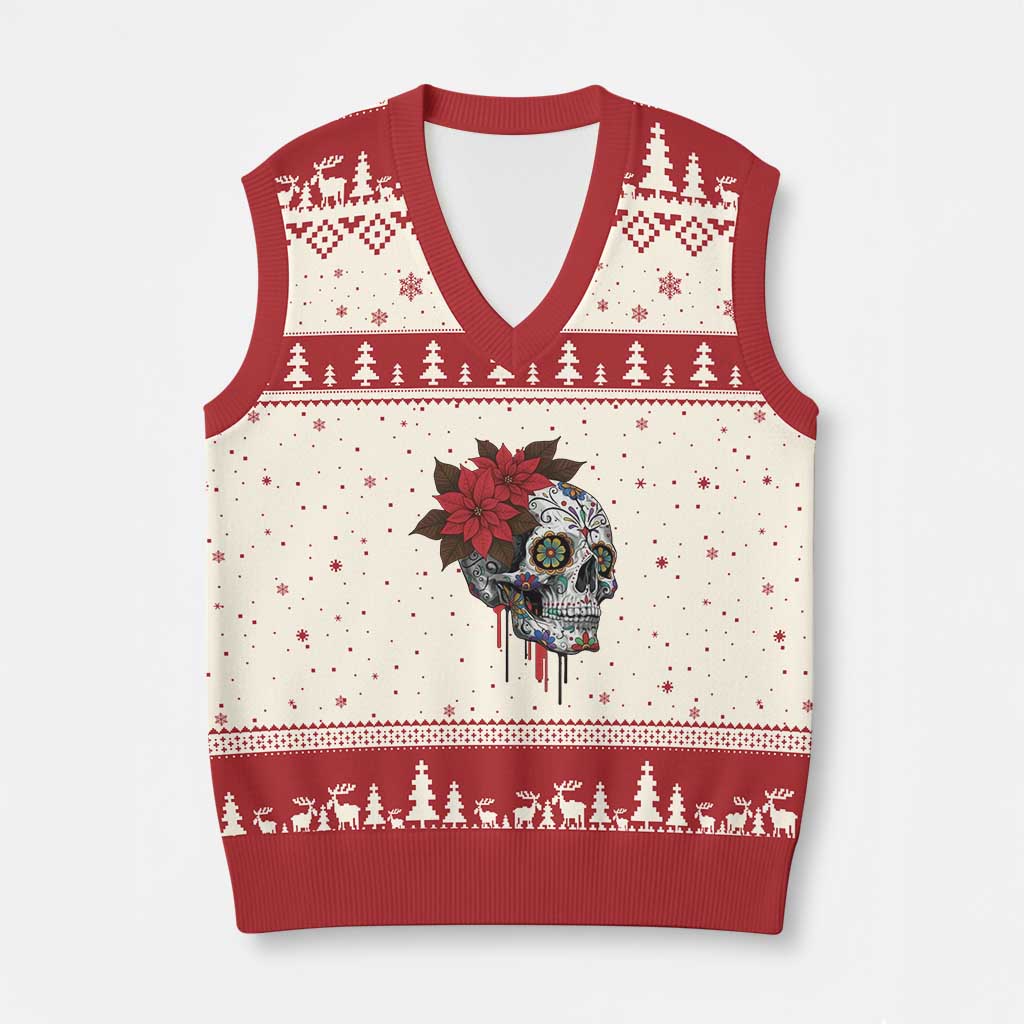 Sugar Skull Calavera Holiday Spirit Mistletoe V-Neck Knit Sweater Vest TS14 Beige Red Print Your Wear
