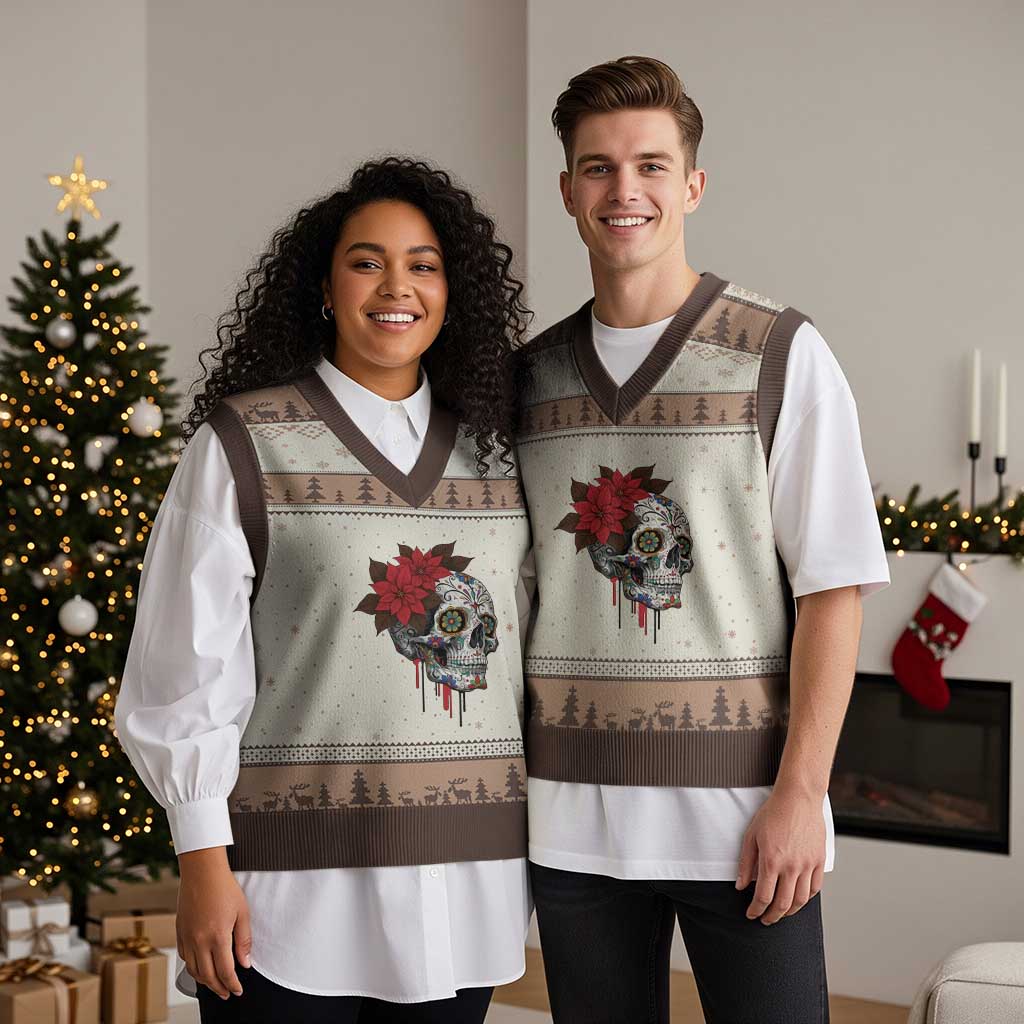 Sugar Skull Calavera Holiday Spirit Mistletoe V-Neck Knit Sweater Vest TS14 Mocha Mousse Print Your Wear