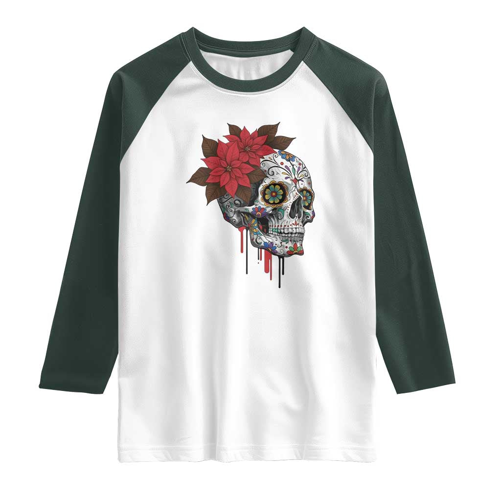 Sugar Skull Calavera Holiday Spirit Mistletoe Raglan Shirt TS14 White Dark Forest Green Print Your Wear