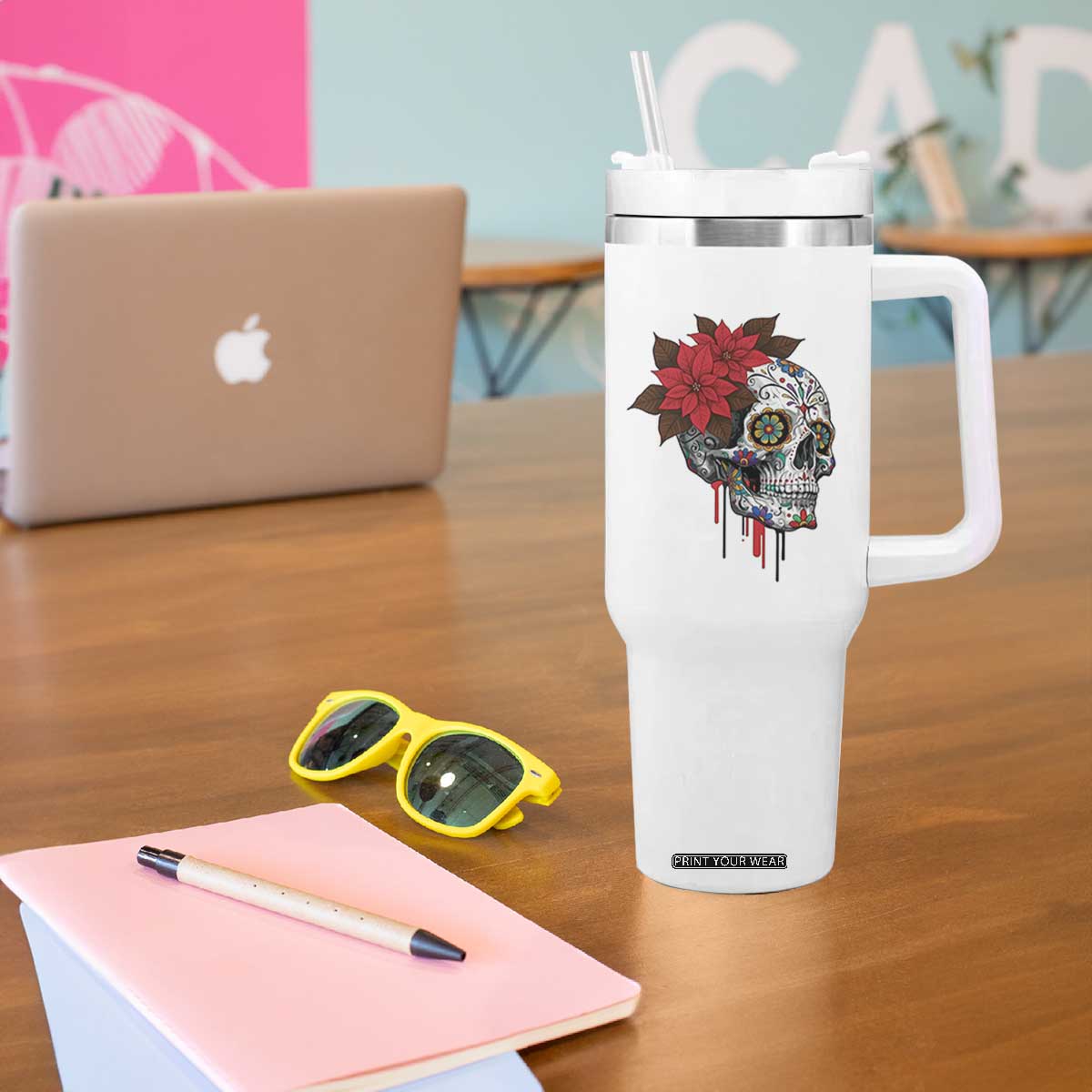 Sugar Skull Calavera Holiday Spirit Mistletoe Tumbler With Handle TS14 Print Your Wear
