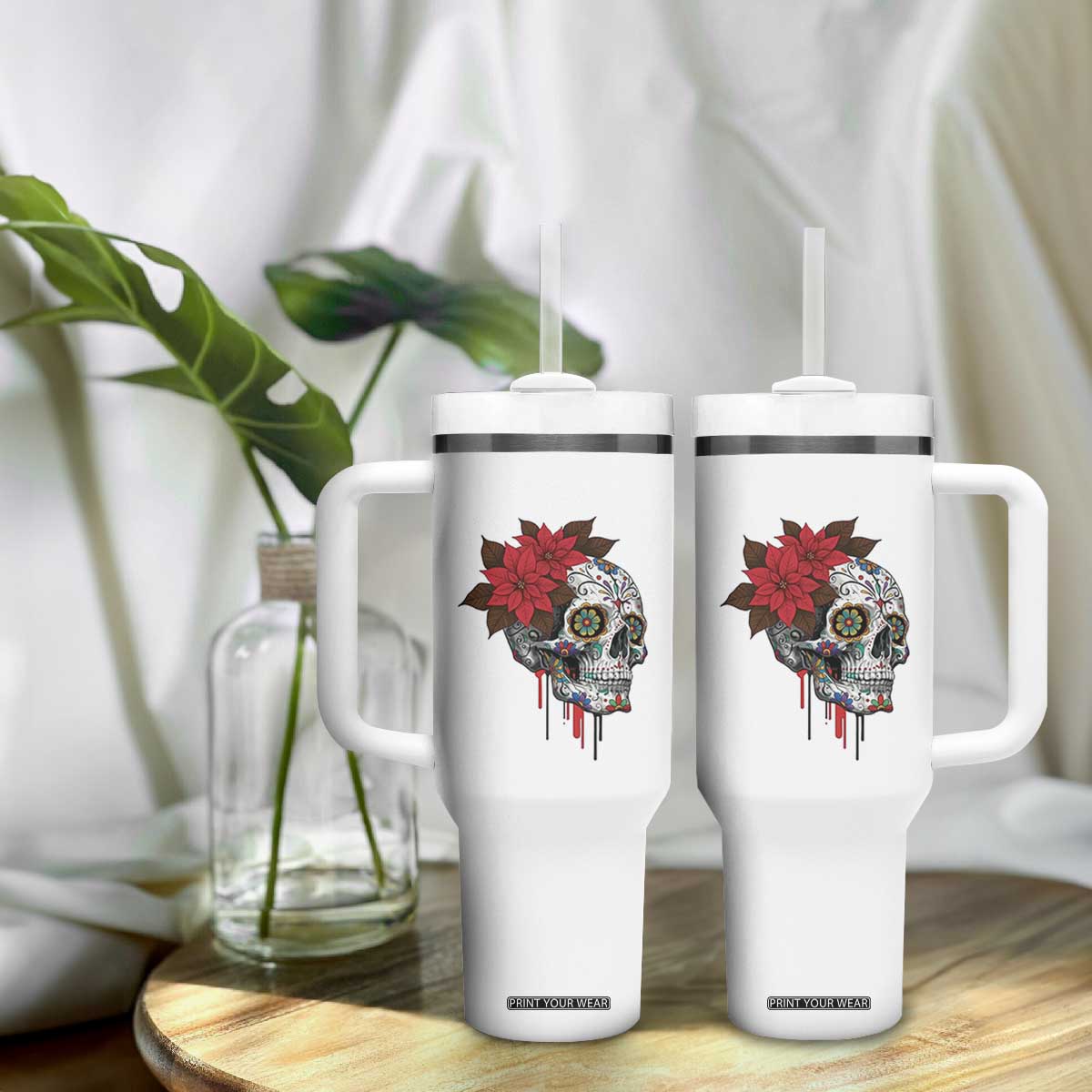 Sugar Skull Calavera Holiday Spirit Mistletoe Tumbler With Handle TS14 Print Your Wear