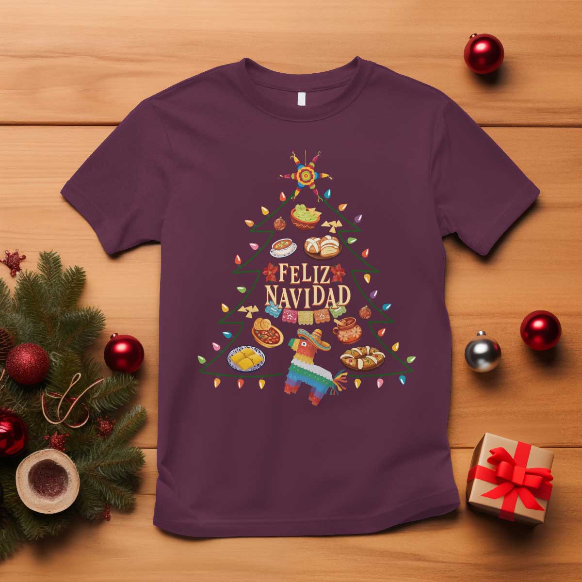 Feliz Navidad T Shirt Mexican Christmas Tree Fiesta TS14 Maroon Print Your Wear
