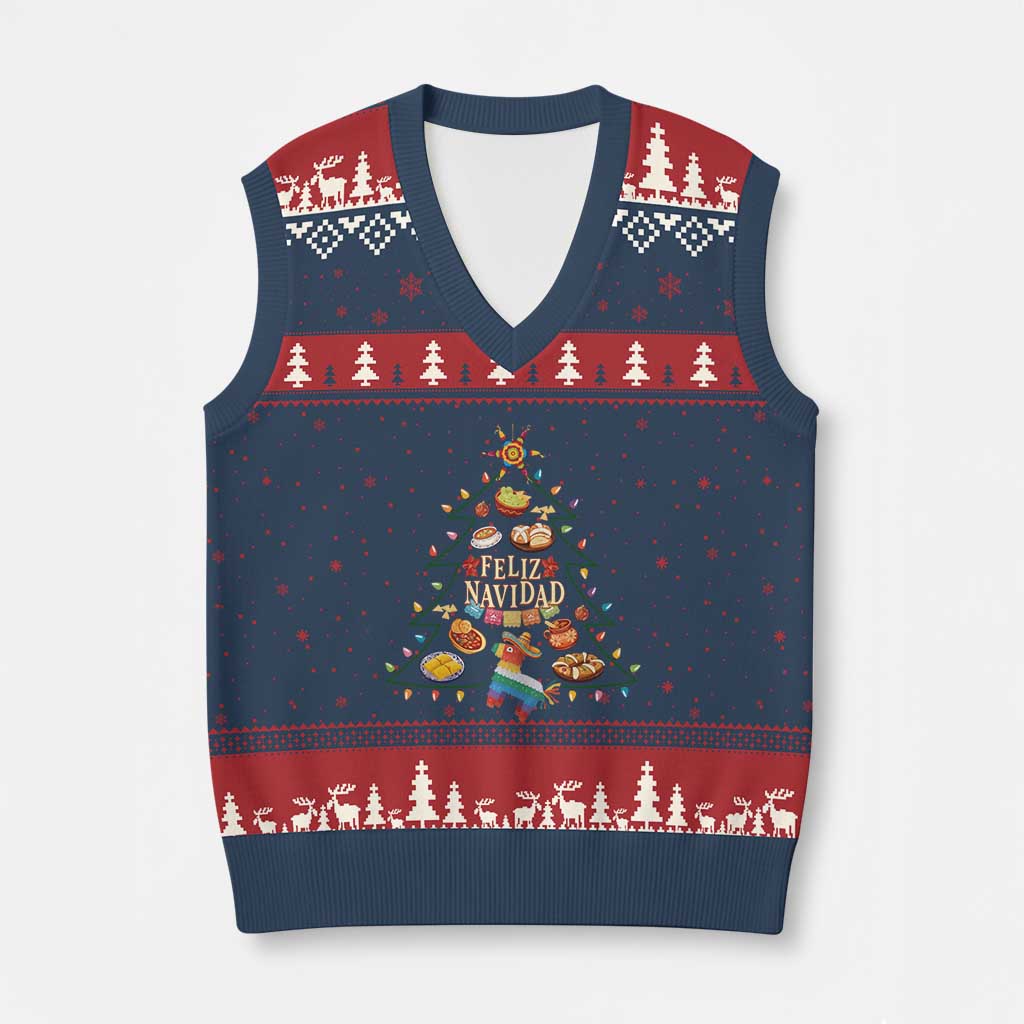Feliz Navidad V-Neck Knit Sweater Vest Mexican Xmas Tree Fiesta TS14 Navy Red Print Your Wear