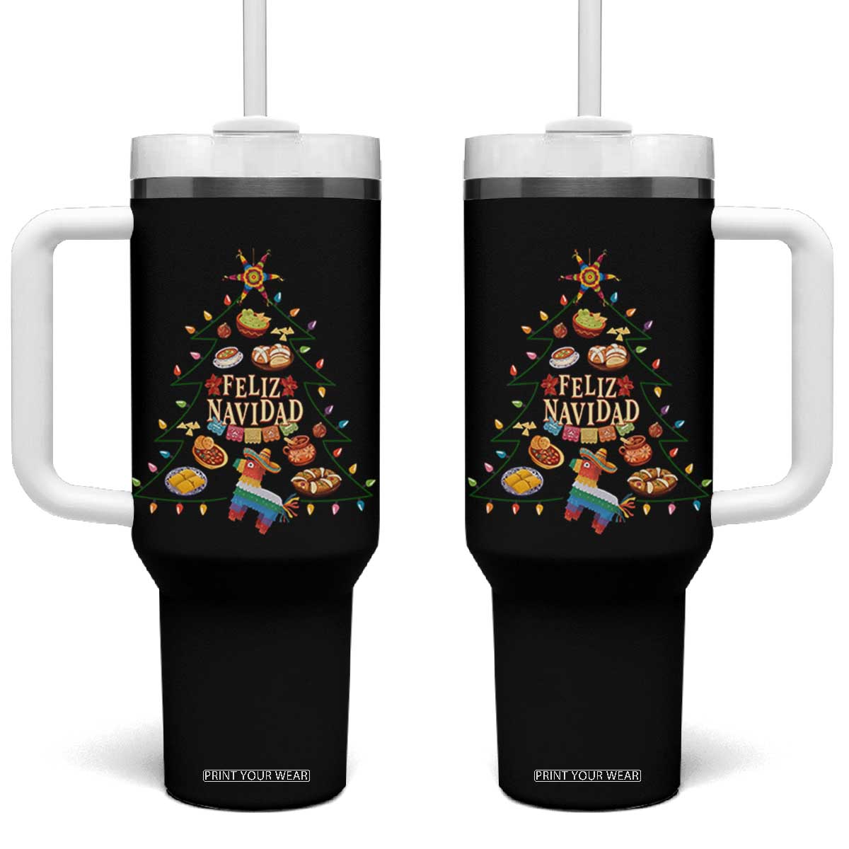Feliz Navidad Tumbler With Handle Mexican Christmas Tree Fiesta TS14 One Size: 40 oz Black Print Your Wear