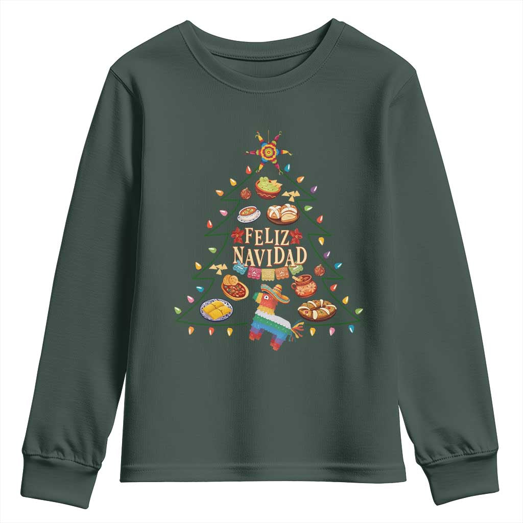 Feliz Navidad Youth Sweatshirt Mexican Christmas Tree Fiesta TS14 Dark Forest Green Print Your Wear