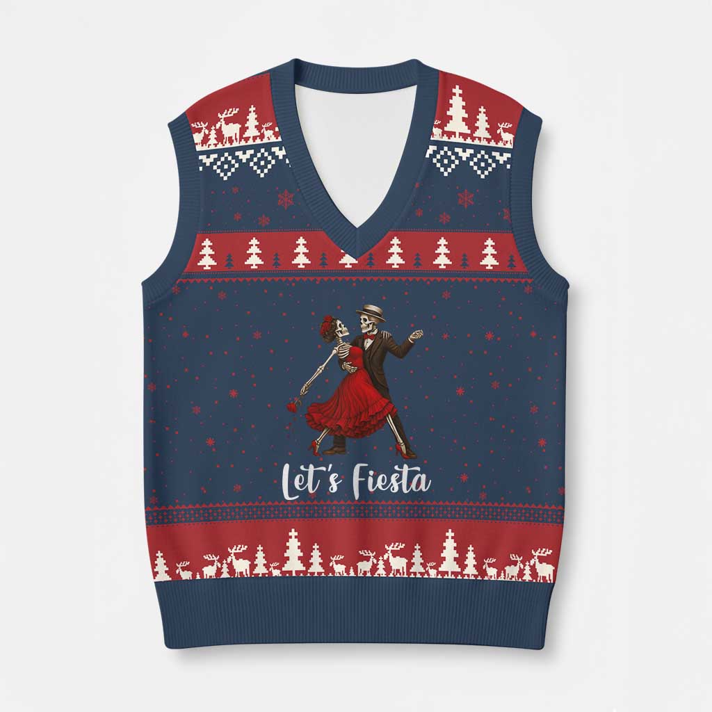 Skeleton Mexican Xmas V-Neck Knit Sweater Vest Let us Fiesta TS14 Navy Red Print Your Wear