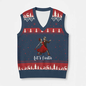 Skeleton Mexican Xmas V-Neck Knit Sweater Vest Let us Fiesta TS14 Navy Red Print Your Wear