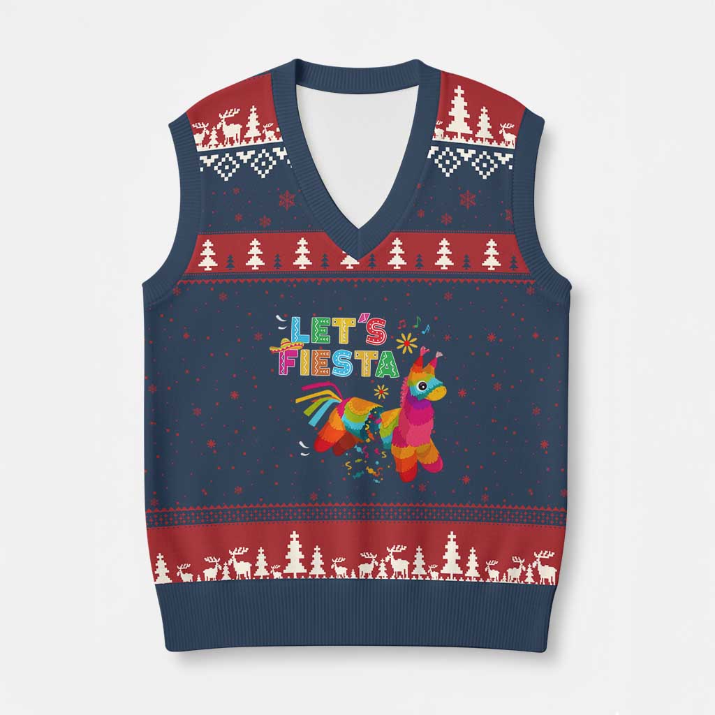 Funny Pinata Mexican V-Neck Knit Sweater Vest Let Us Fiesta TS14 Navy Red Print Your Wear