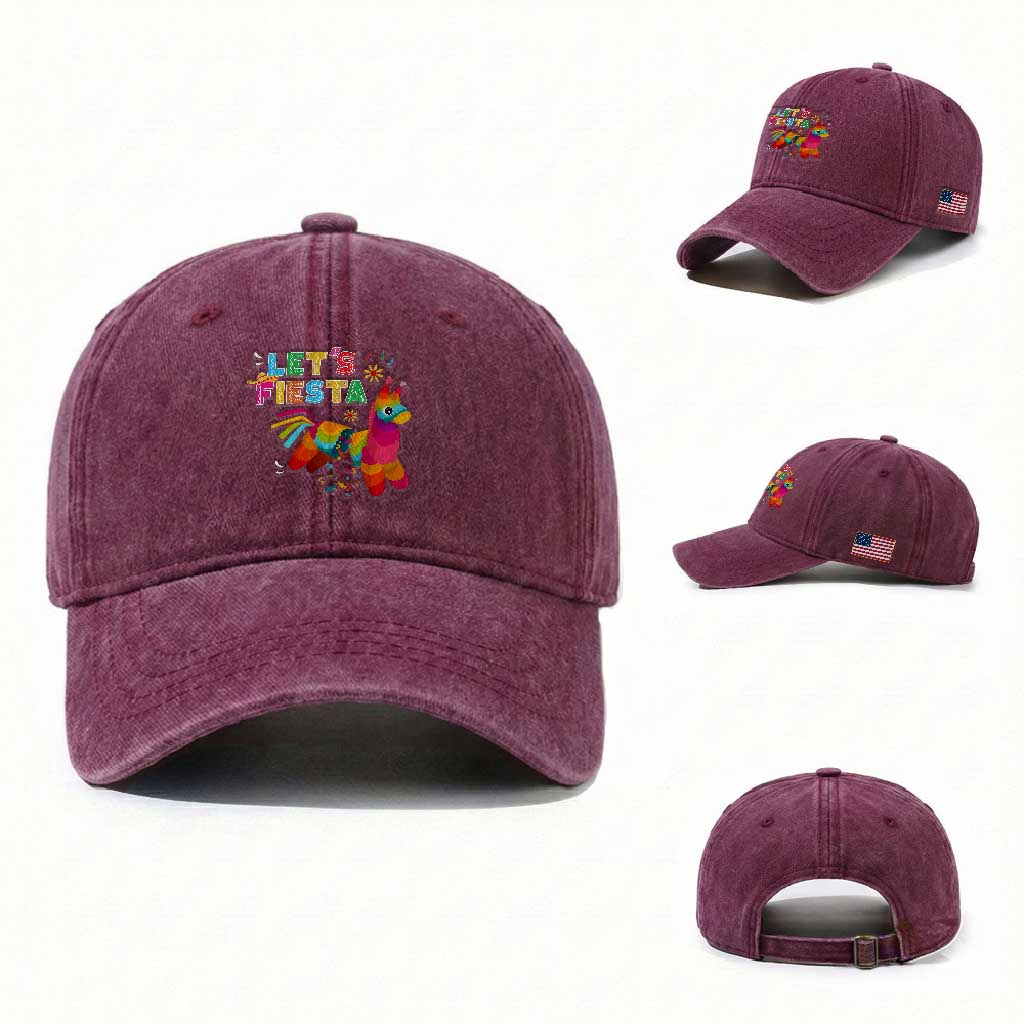 Funny Pinata Mexican Washed Cotton Baseball Cap Let Us Fiesta TS14 Washed Cap Universal Fit Burgundy Print Your Wear