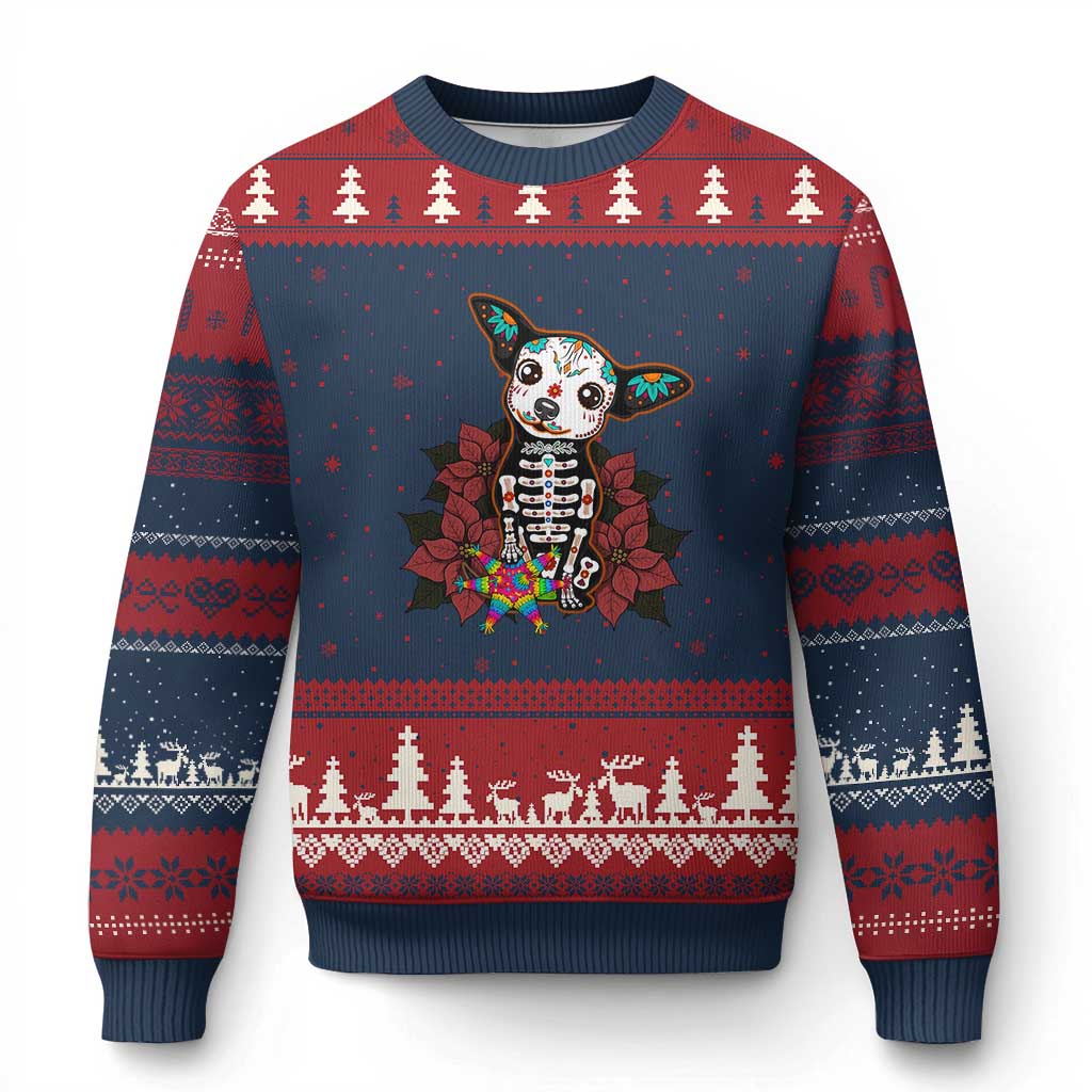 Calavera Chihuahua Ugly Christmas Sweater Pinata Dia De Los Muertos Mexican TS14 Navy Red Print Your Wear