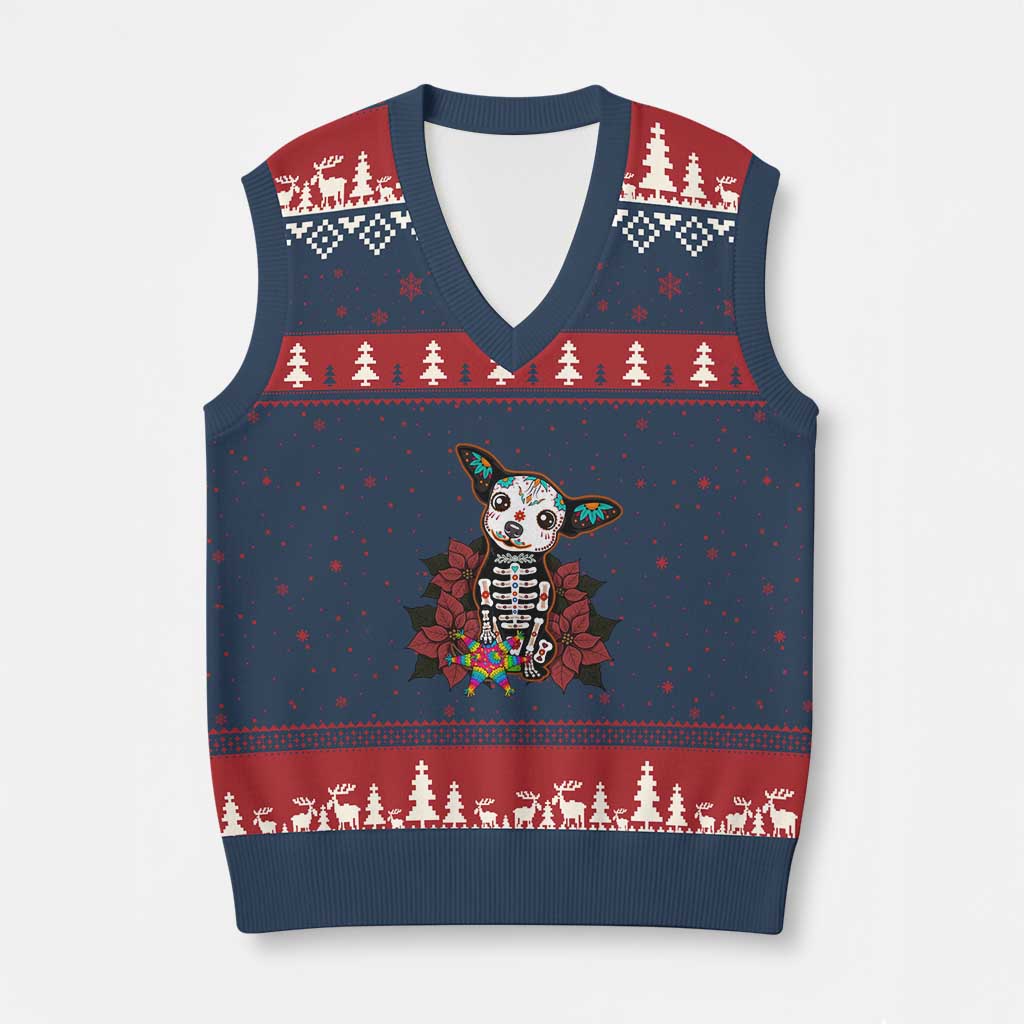 Calavera Chihuahua V-Neck Knit Sweater Vest Pinata Dia De Los Muertos Mexican TS14 Navy Red Print Your Wear