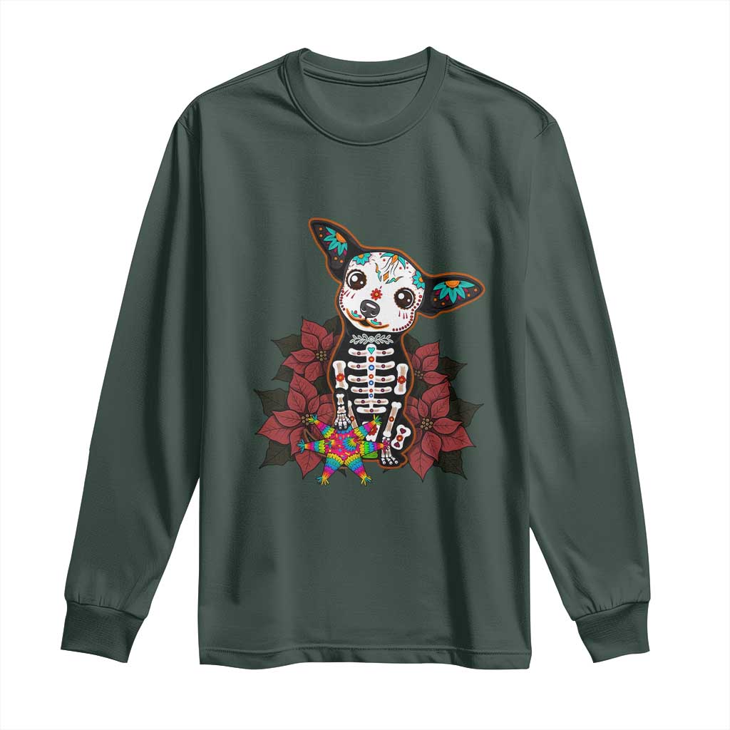 Calavera Chihuahua Long Sleeve Shirt Pinata Dia De Los Muertos Mexican TS14 Dark Forest Green Print Your Wear