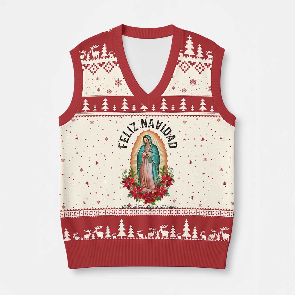 Virgin Mary Feliz Navidad V-Neck Knit Sweater Vest Our Lady Virgen De Guadalupe - Print Your Wear