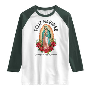 Virgin Mary Feliz Navidad Raglan Shirt Our Lady Virgen De Guadalupe TS14 White Dark Forest Green Print Your Wear