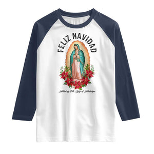 Virgin Mary Feliz Navidad Raglan Shirt Our Lady Virgen De Guadalupe TS14 White Navy Print Your Wear
