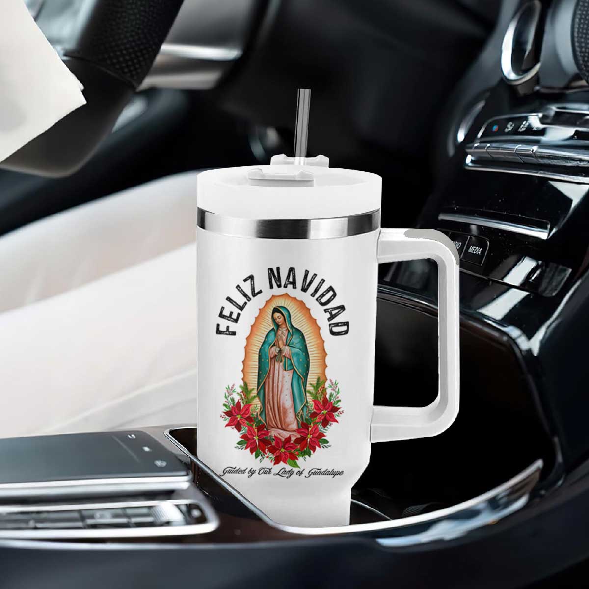 Virgin Mary Feliz Navidad Tumbler With Handle Our Lady Virgen De Guadalupe TS14 Print Your Wear